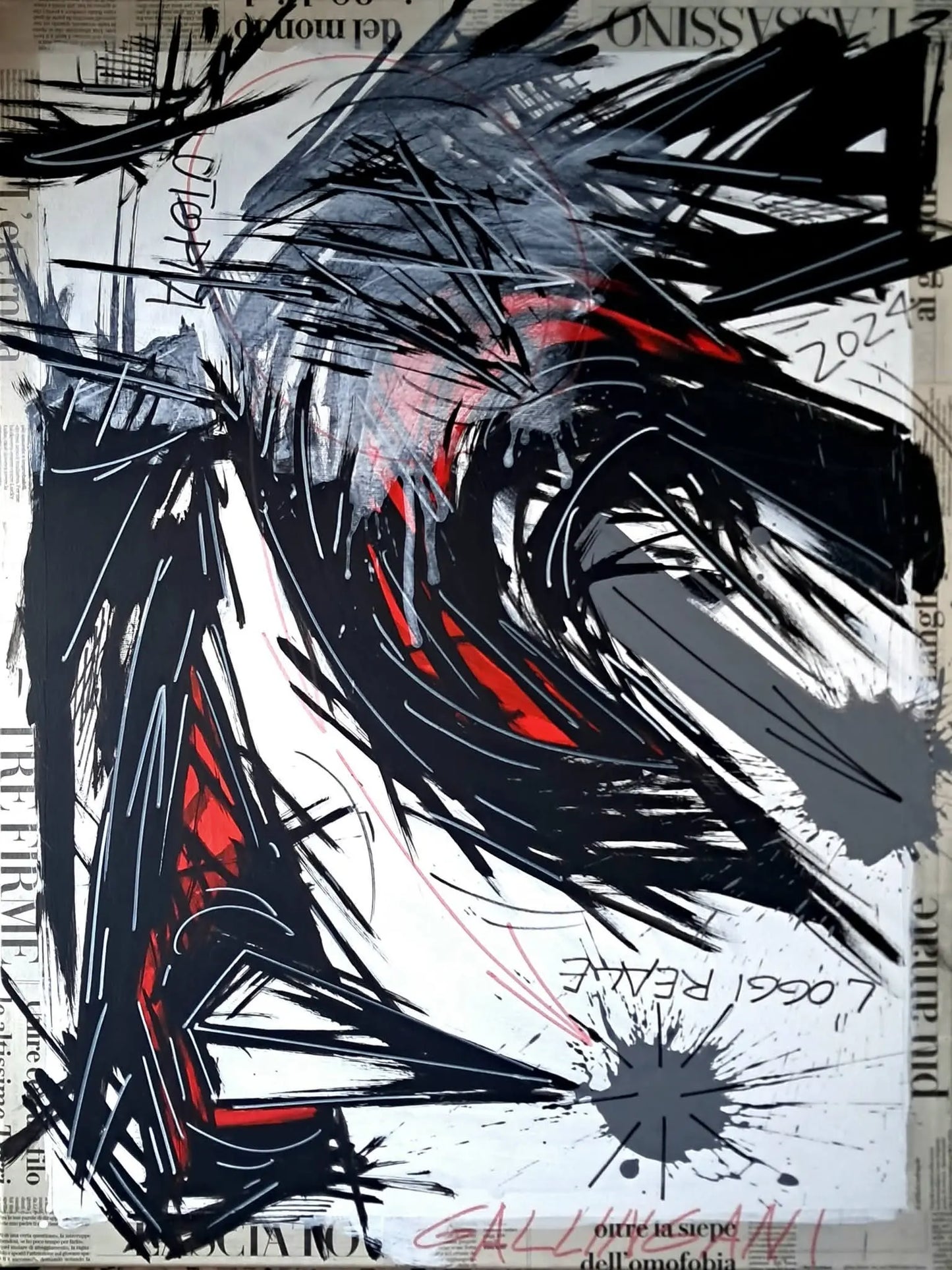Dipinto originale di Alberto Gallingani dal titolo AGN NRB, anno 2024. Opera d'arte astratta in acrilico su tela di dimensioni 80x60 cm. La composizione presenta un dinamico intreccio di segni neri, campiture rosse e grigie su fondo bianco, con bordi in carta di giornale e scritte calligrafiche.