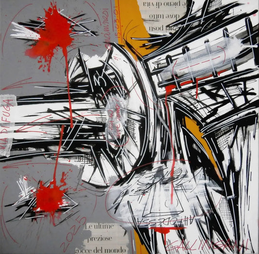 Dipinto originale di Alberto Gallingani, titolo AGN - RBA anno 2025. Opera d'arte astratta contemporanea realizzata in acrilico su tela di dimensioni 80x80 cm. La composizione presenta segni grafici neri su fondo grigio e giallo, con vivaci schizzi di colore rosso e inserti di collage testuale con la scritta "Le ultime preziose gocce del mondo".