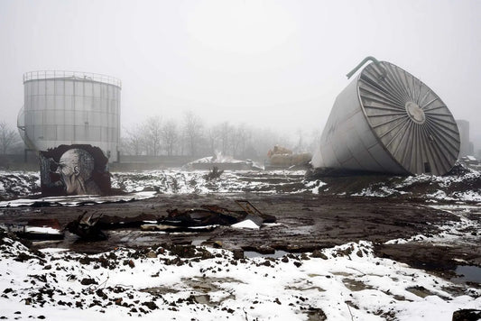 Nicola Bertellotti, La terra silenziosa, paesaggio industriale abbandonato con neve, silos e strutture metalliche