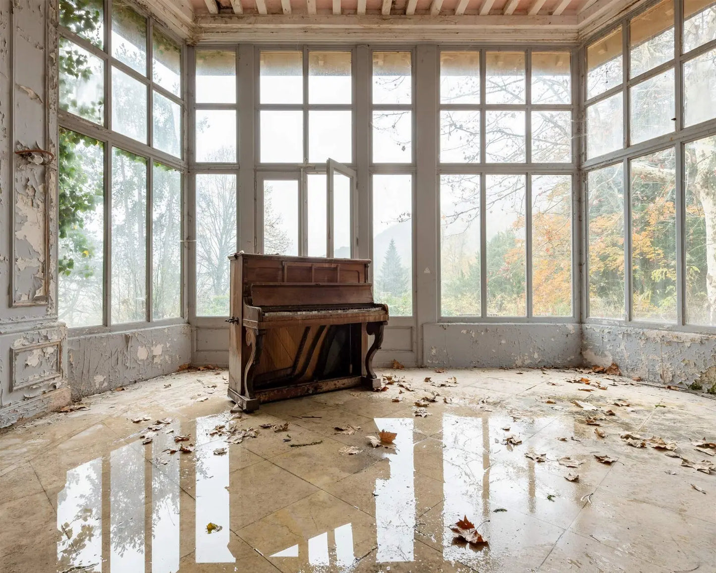 Nicola Bertellotti, Solo, interno abbandonato con pianoforte e ampie vetrate immerse nella luce naturale