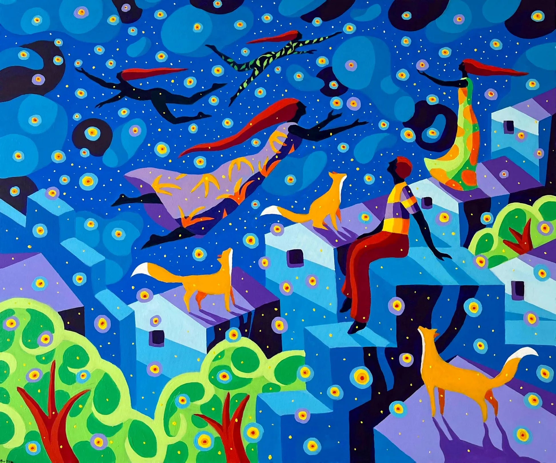 "Pino Oliva, Fireflies (2023). Dipinto originale acrilico su tela con figure fluttuanti e volpi in un notturno onirico blu. Opera d'arte contemporanea disponibile presso Officina della Cornice."