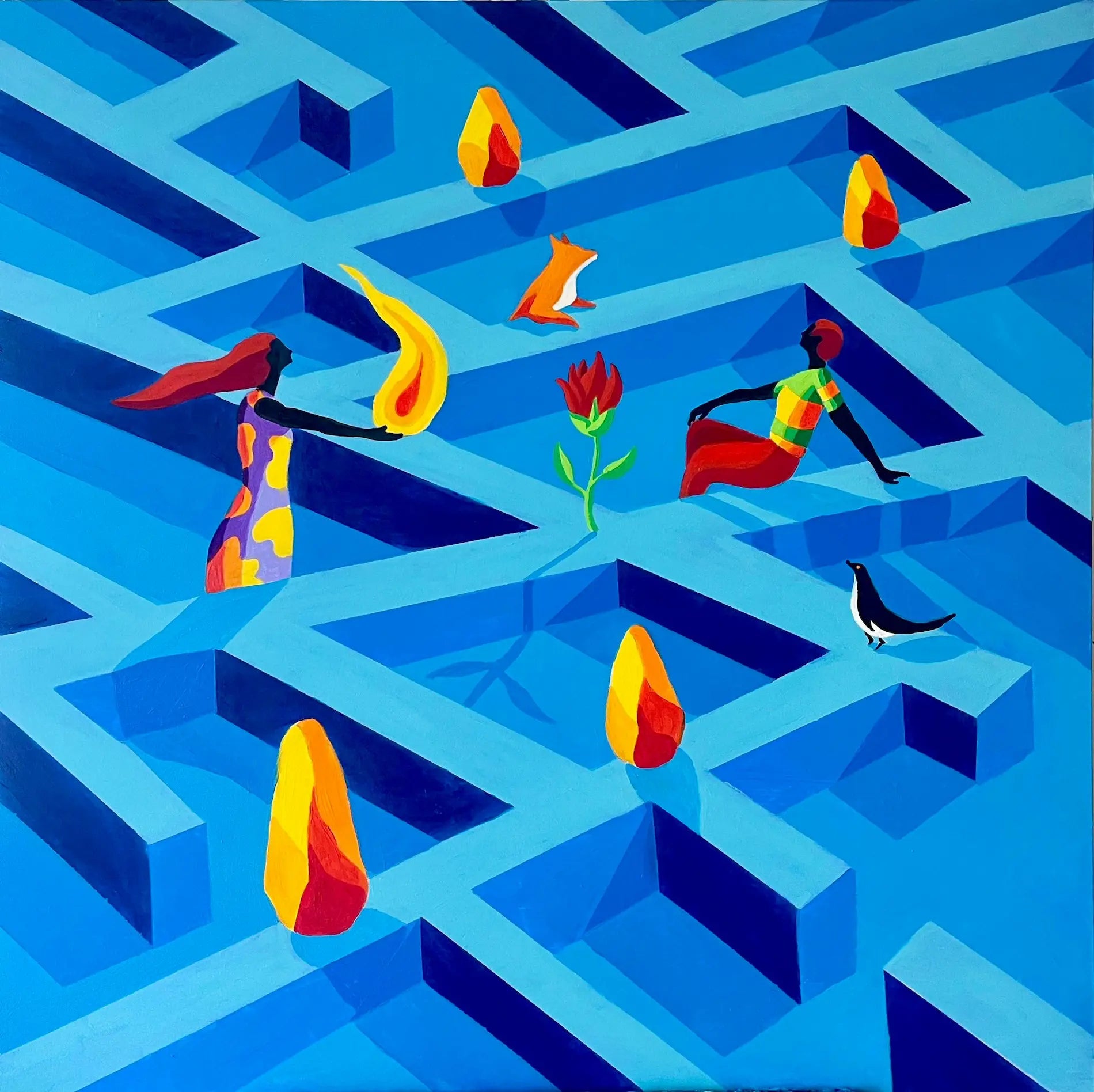 "Pino Oliva, Nulla mai più ci imprigiona (2026). Dipinto originale acrilico su tela con labirinto azzurro, figure oniriche e fiamme stilizzate. Opera di realismo onirico disponibile su Officina della Cornice Matera."