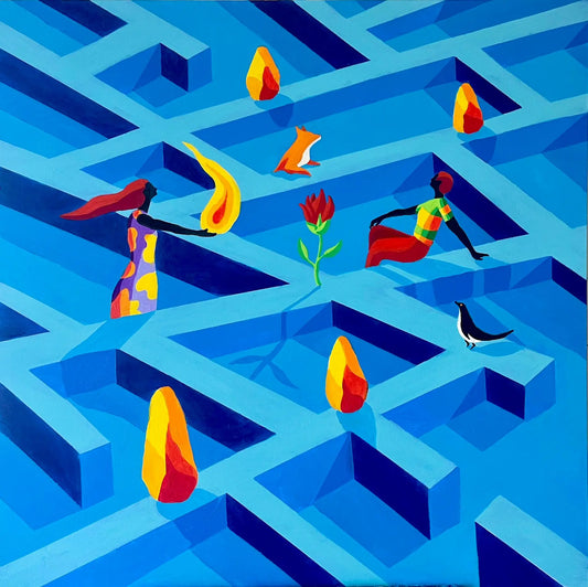 "Pino Oliva, Nulla mai più ci imprigiona (2026). Dipinto originale acrilico su tela con labirinto azzurro, figure oniriche e fiamme stilizzate. Opera di realismo onirico disponibile su Officina della Cornice Matera."